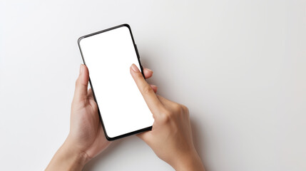Close up of hand holding smartphone on white background