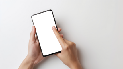 Close up of hand holding smartphone on white background