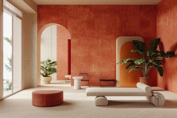 Interior of a room with vibrant orange walls and a simple white bench. Ideal for home decor or furniture advertisements