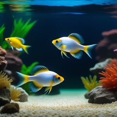 Fototapeta premium A green beautiful planted tropical freshwater aquarium with fishes.Freshwater aquarium fish, The Sail-fin molly, (Poecilia velifera ), gold, white, silver and dalmatin mutation