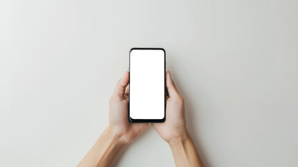 Close up of hand holding smartphone on white background
