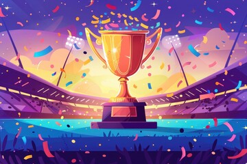 Golden trophy surrounded by confetti in a stadium, suitable for sports events