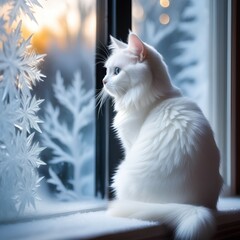 Siberian kitten on winter nature in snowy forest