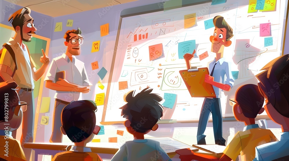 Poster collaborative brainstorming session with whiteboard diagrams and notes in animated office setting