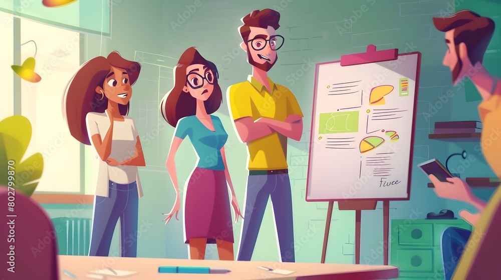 Poster colorful digital of a team collaborating around a whiteboard with diagrams and notes in animated car