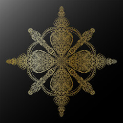 Gold gradient contour snowflake in folk art style metallic texture lace ethnic motifs mandala. vector element.