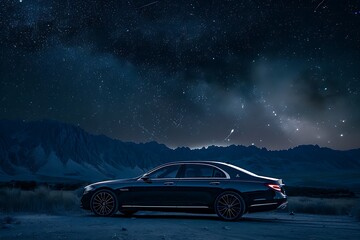 Fototapeta na wymiar A midnight blue luxury sedan parked under a star-studded sky. The moonlight glimmers on its polished surface, and the air smells of pine and adventure.