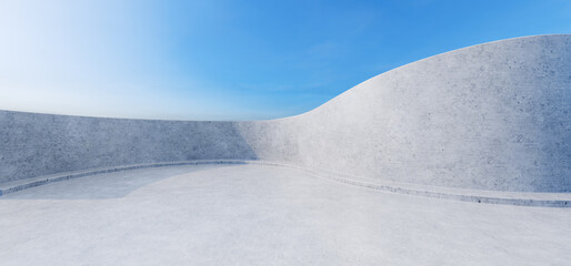 Cloudy blue sky. Concrete wall design with empty concrete space. Parking lot with concrete floor. Empty wide space for mockup. Abstract minimal architectural background. 3D rendering.