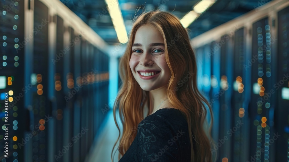 Aufkleber an it woman standing in front of a row of servers in a data center