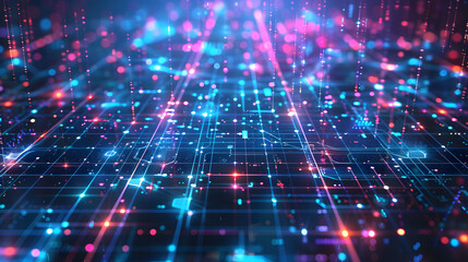 Fototapeta premium Grid surface. Abstract science or technology background. Digital background with glowing particles and lines. Big data visualization. Connecting internet of things