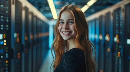 An IT woman standing in front of a row of servers in a data center