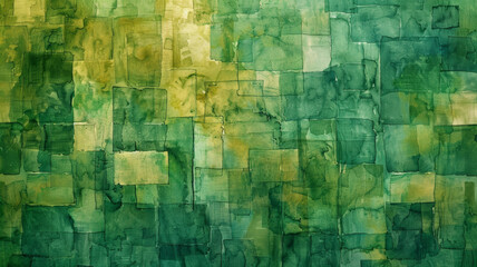 Obraz premium Asian-inspired Watercolor Texture, Aerial View of Green & Brown Square Pattern