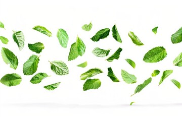 Green leaves flying in the air, suitable for nature and environmental concepts
