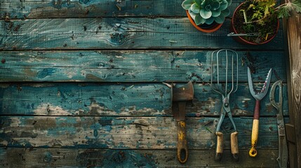 An artistic aerial view of a garden toolset including a garden fork, hoe, and pruning shears on a vintage wooden table, ready for a day of gardening