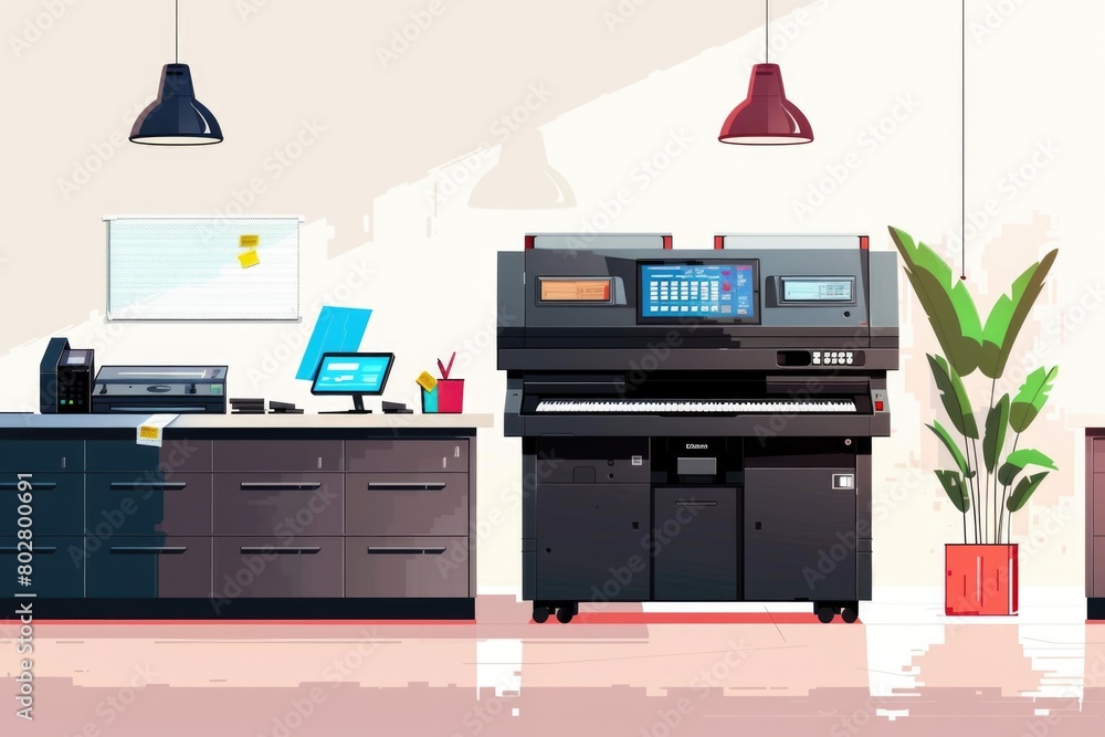 Poster a computer desk with a printer and a laptop. suitable for office or technology concepts