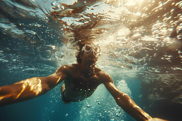 Diver executing a perfect somersault in the air before entering the water .Diving in the ocean for leisure, the man gestures happily underwater