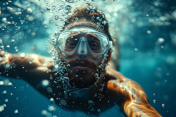 Diver executing a perfect somersault in the air before entering the water .Man enjoys underwater leisure with diving mask on in fluid environment