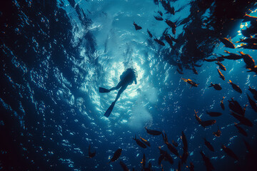 Diver mid-air, executing a graceful dive with perfect form .Exploring the deep blue sea with a school of fish while scuba diving