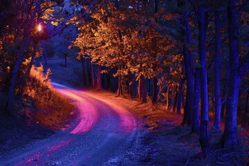 A dirt road in the middle of a forest at night. Suitable for nature and travel concepts. - Powered by Adobe