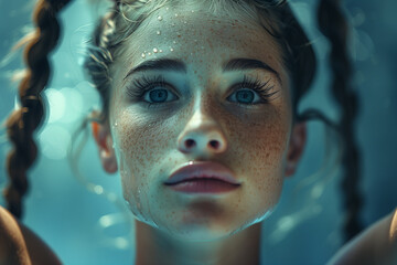 Gymnast executing a flawless routine on the balance beam .a close up of a woman s face in the water