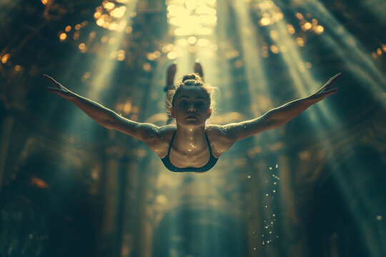 Gymnast performing a gravity-defying flip on the uneven bars .A woman gracefully swims underwater with arms extended, feeling free and happy