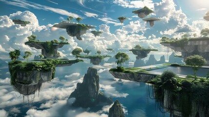 A beautiful landscape of floating islands with green trees and blue water. The islands are scattered in the sky and there are clouds all around.