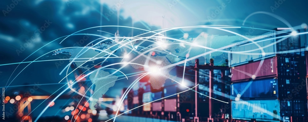 Poster Dynamic depiction of global logistics and cross-border trade with digital network connections and shipping containers