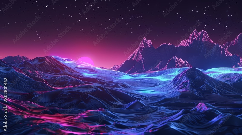 Poster create a retro futurism landscape with a mountain range in the background