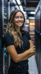 Female network engineer inspecting servers in data center