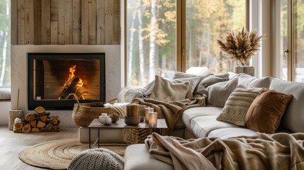 A cozy living room with a fireplace, sofa, and coffee table
