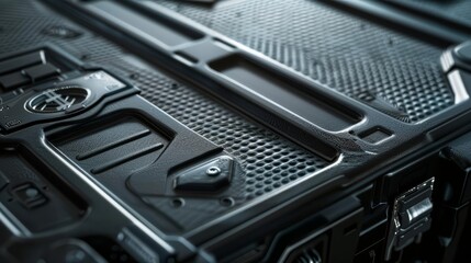 Detailed closeup of a futuristic sci-fi case with glowing elements.