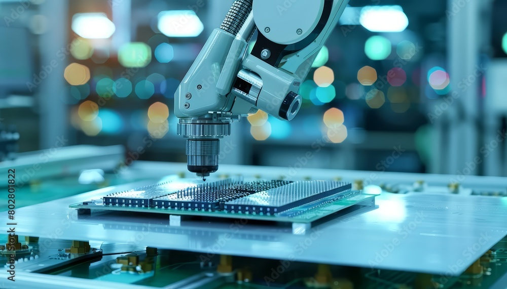 Poster a robotic arm is placing a microchip onto a circuit board. the arm is attached to a machine that is 