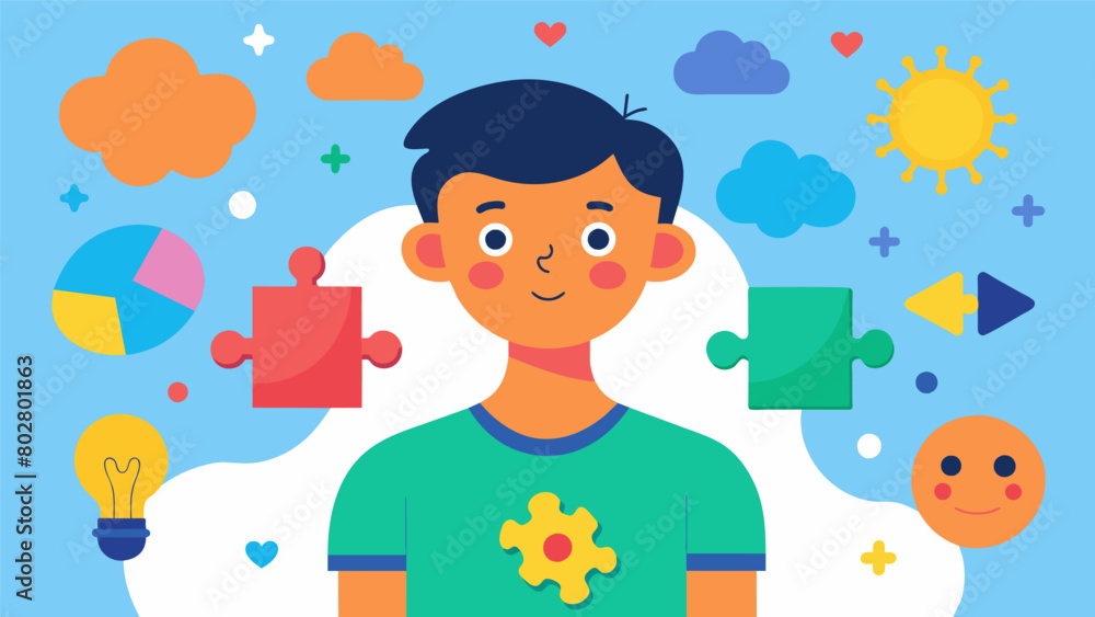 Poster an illustration of a person with autism showing their heightened senses and difficulty with social i