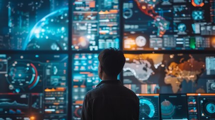 A young man stands in front of a large video wall displaying a variety of data and information. He is looking at the screens thoughtfully, trying to make sense of the data.