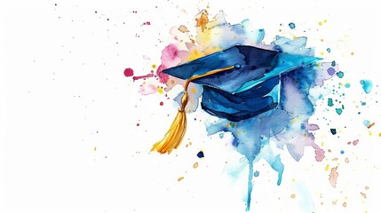 Create a watercolor painting of a graduation cap. The cap should be blue with a gold tassel. The background should be a white watercolor wash with colorful paint splatters.