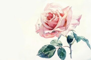 A beautiful watercolor painting of a single pink rose. The rose is in full bloom and has a light pink color. The stem has green leaves. The painting has a white background.