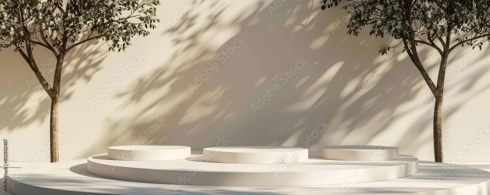 Poster 3D rendering of a podium with trees and shadows on a beige background.