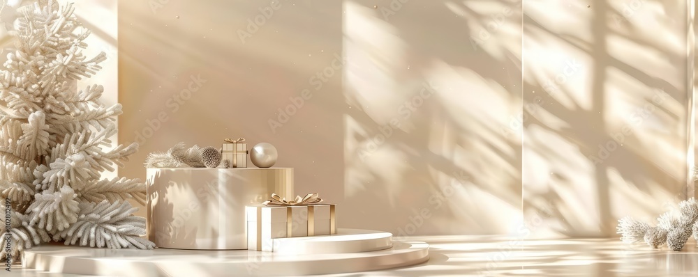 Poster 3d rendering of a christmas tree with presents on a podium