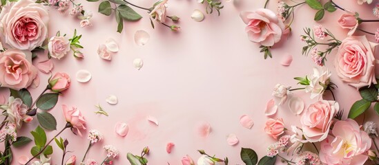 Spring-themed banner featuring a border of rose blooms and fresh green foliage on a soft pink backdrop, providing room for additional content.