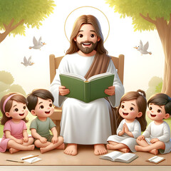 Jesus is reading the Bible to the children.