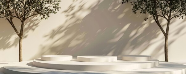 3D rendering of a podium with trees and shadows on a beige background.