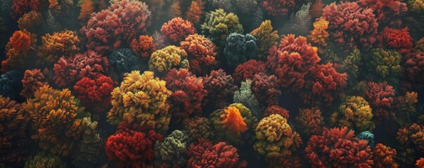 An aerial view of a forest in the fall