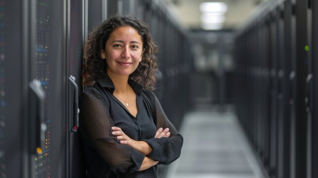 A portrait of a smiling Hispanic woman IT worker leaning casually against a wall in a busy server room - Powered by Adobe