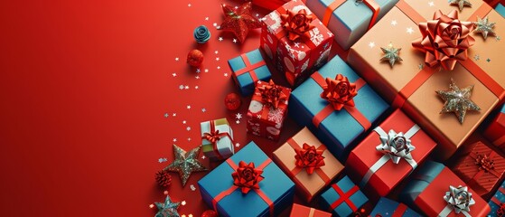 A beautiful array of wrapped presents against a red background. Perfect for the holidays!