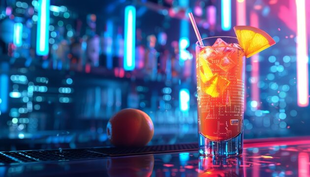 Generate an image of a refreshing summer cocktail with a slice of orange on the rim. The glass is sitting on a bar counter with a blurred background of neon lights.