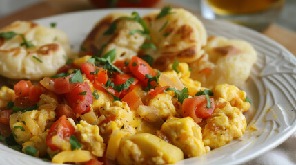Traditional jamaican breakfast featuring scrambled eggs with tomatoes, ackee fruit, and freshly baked dumplings on a decorative plate