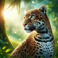 A close-up view of a beautiful leopard looking away with a blurred nature background - Leopard portrait illustration - Wildlife concept