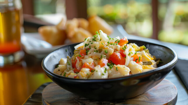 Authentic jamaican ackee and saltfish served in a black bowl, garnished with chives, embodying the flavor of the caribbean