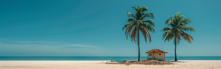 A wooden hut stands on a sandy beach with two tall palm trees. The ocean can be seen in the background