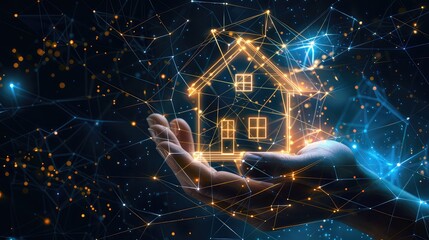 A surreal scene showcasing an open hand cradling a low-poly country house icon, with wireframe light connections forming intricate patterns against the abstract geometric background. 